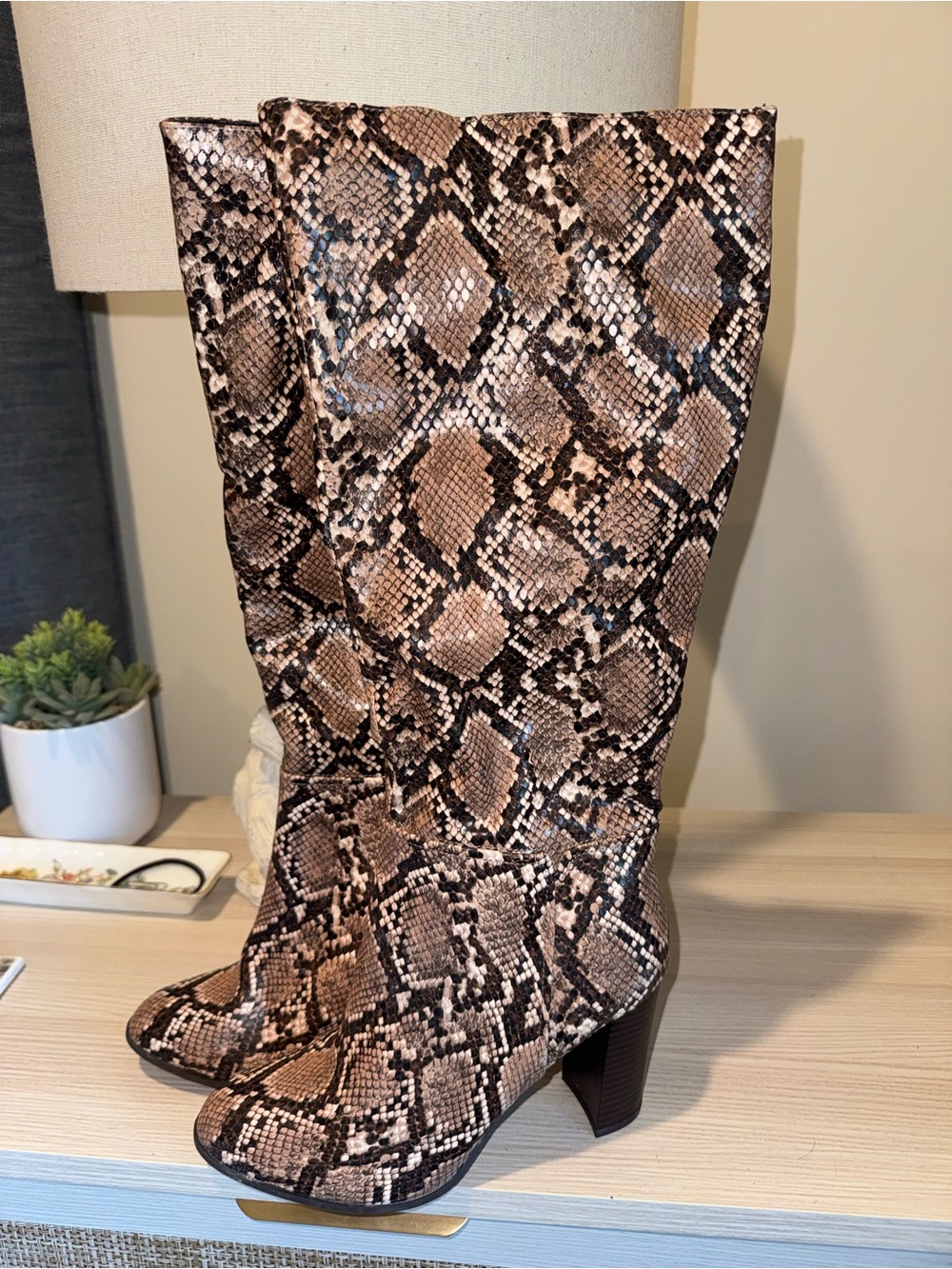 Snake Print Knee-High Boots - Brown womens size 7, worn 1 time